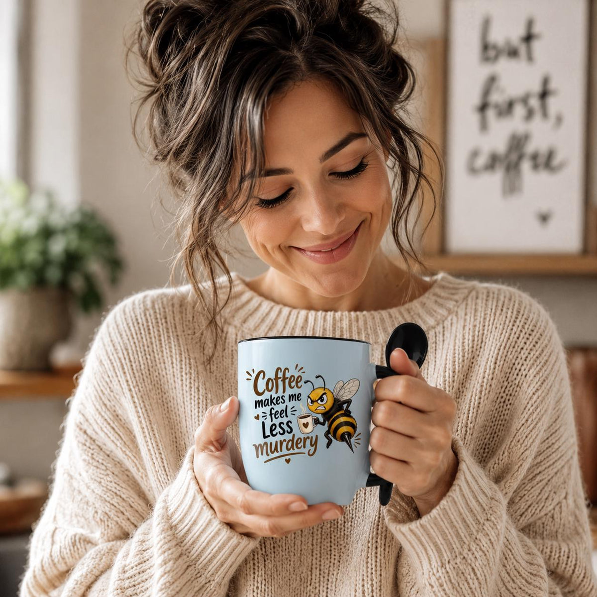 Coffee Makes Me Feel Less Murdery Funny Ceramic Mug Gift with Spoon 11oz