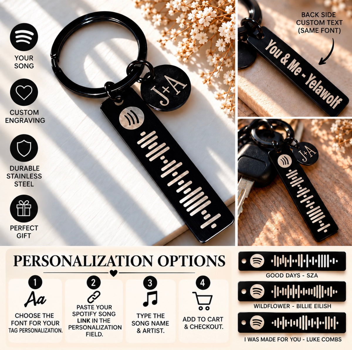 Custom Engraved Spotify Code Keychain – Personalized Stainless Steel Music Bar Keychain with Initials