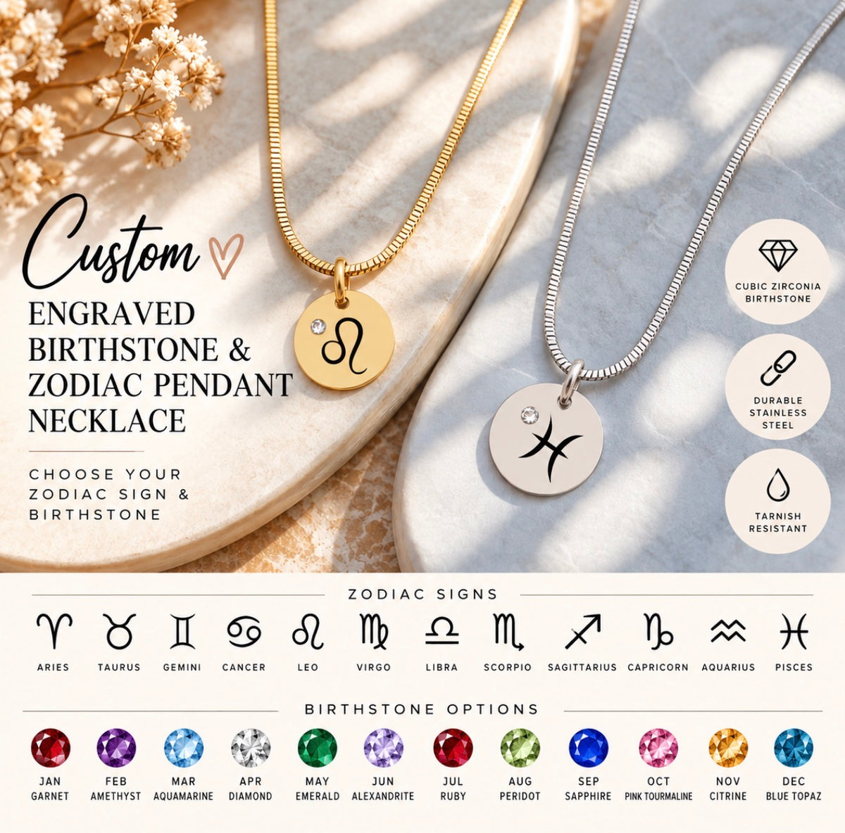 Custom Engraved Birthstone and Zodiac Pendant Necklace