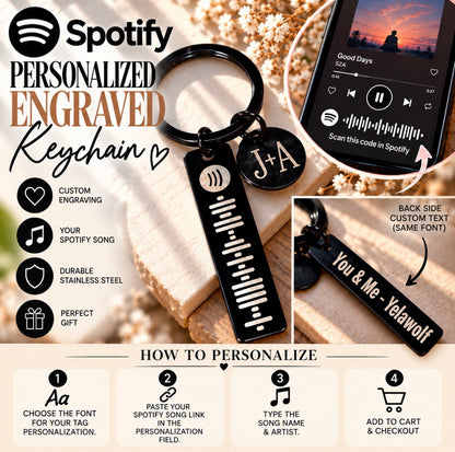 Custom Engraved Spotify Code Keychain – Personalized Stainless Steel Music Bar Keychain with Initials