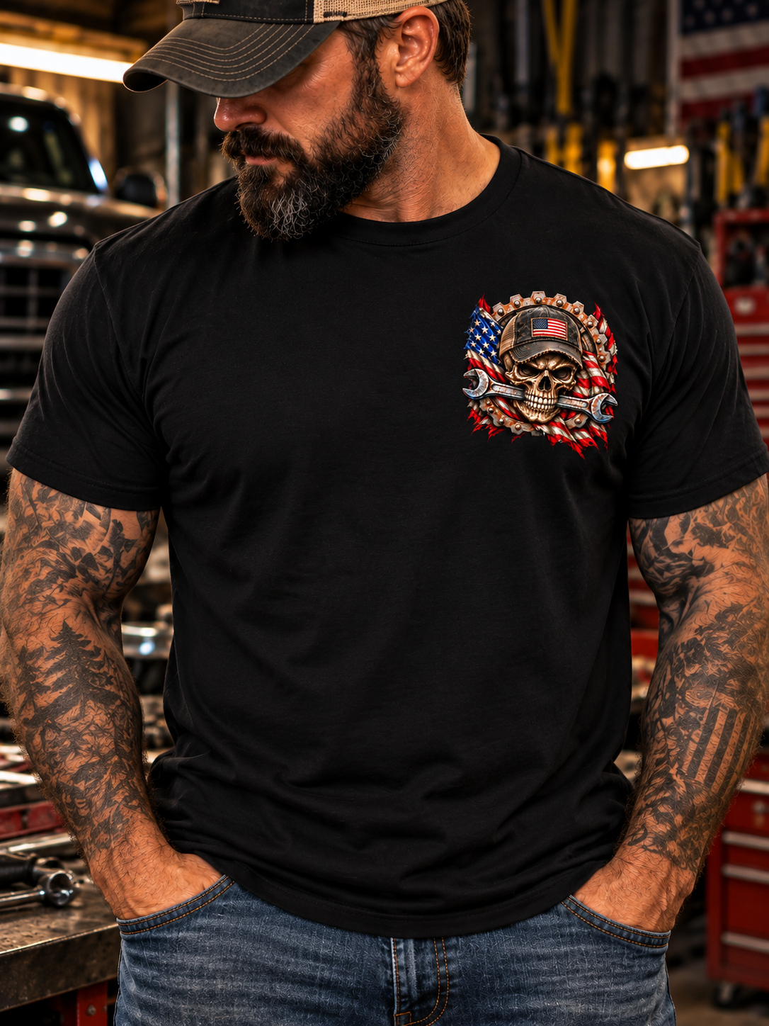 Overworked. Underpaid. Patriotic Skull Graphic Tee – Blue Collar Workwear Shirt
