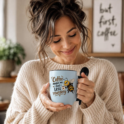 Coffee Makes Me Feel Less Murdery Funny Ceramic Mug Gift with Spoon 11oz