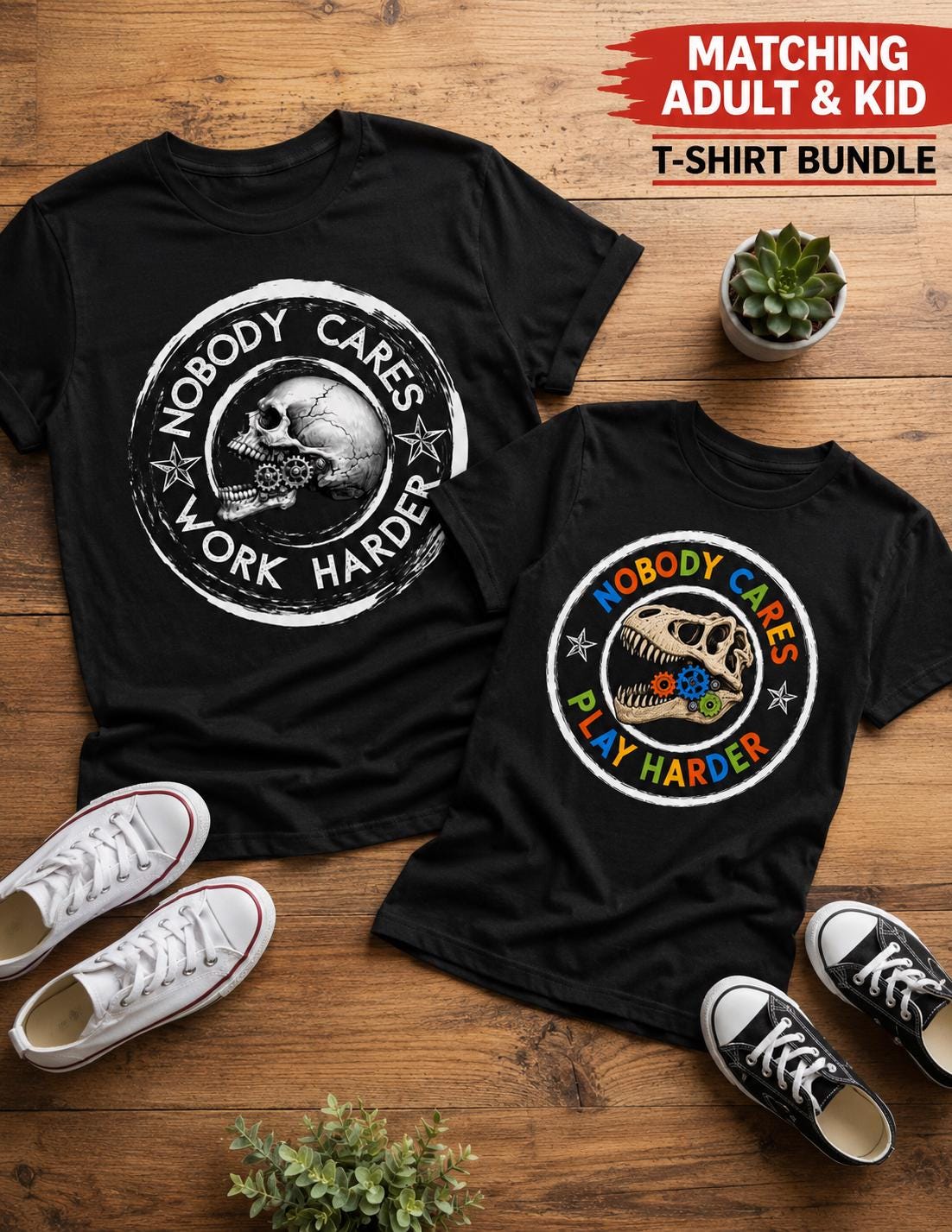 Matching Skull T-Shirts | Adult Work Harder, Toddler Play Harder Bundle | Father’s Day Gift
