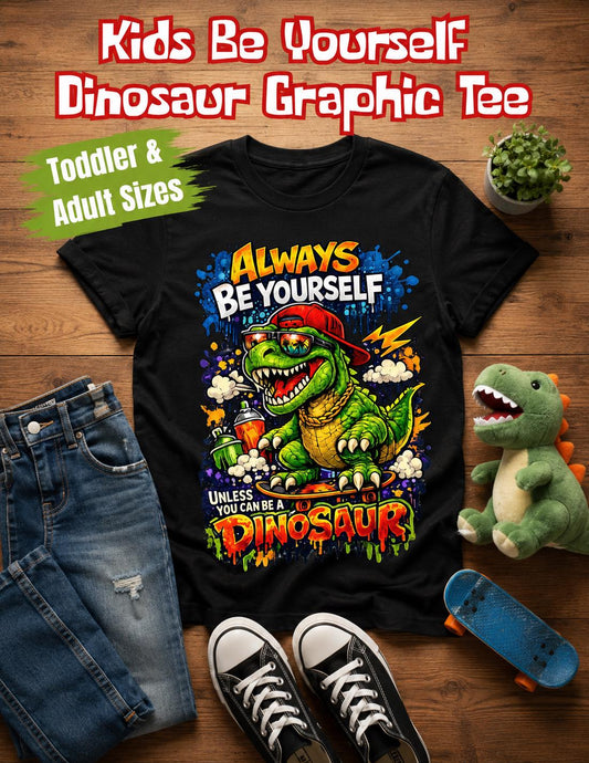 Skateboarding Dinosaur Graphic Tee | Always Be Yourself Quote, Toddler Adult Sizes