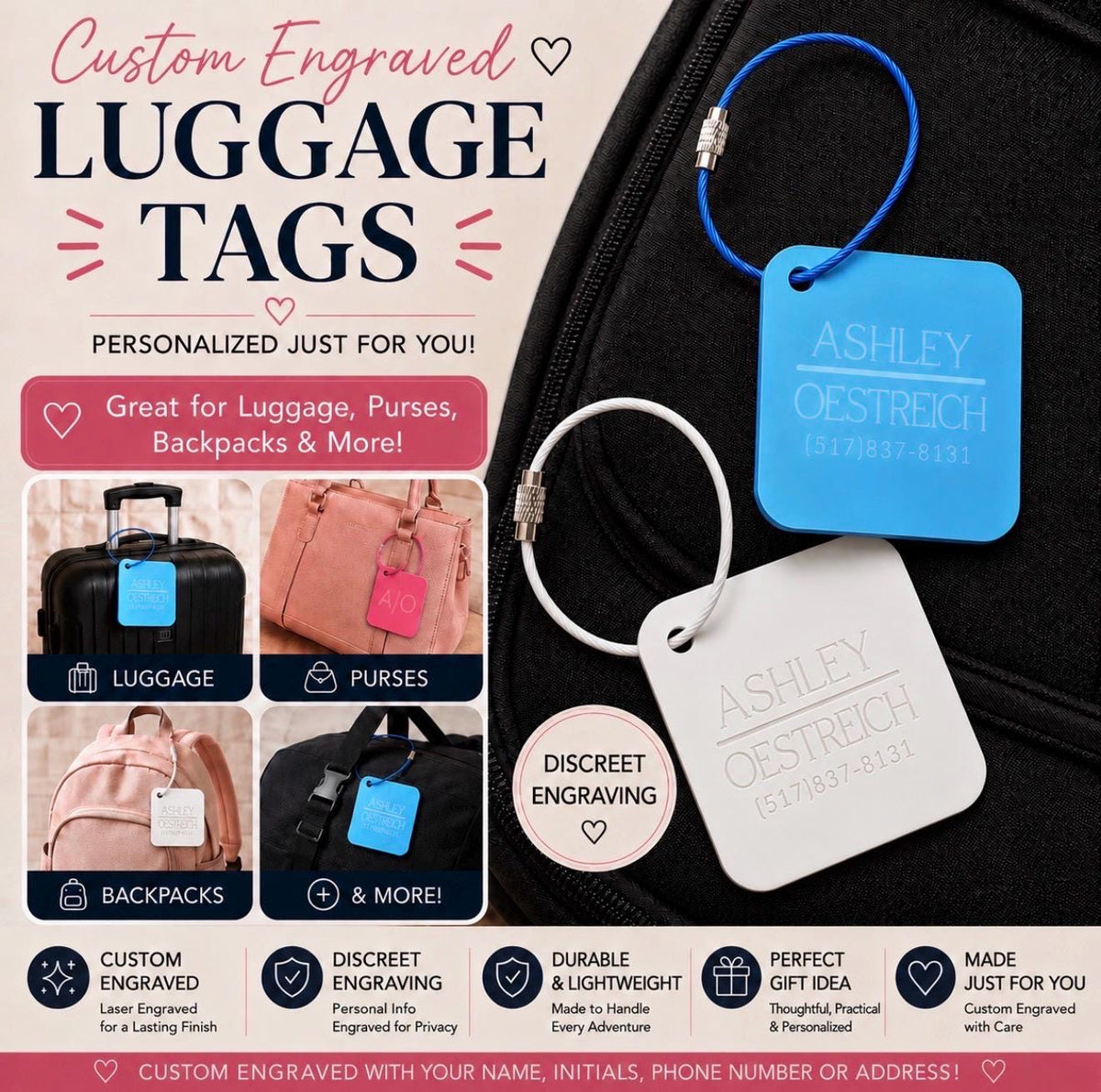 Custom Engraved Acrylic Luggage Tag | Privacy Travel Tag | Personalized Bag Tag