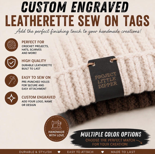 Custom Engraved Tags for Crochet, Knitting, Clothing, Handmade Items & More | Vegan Leather