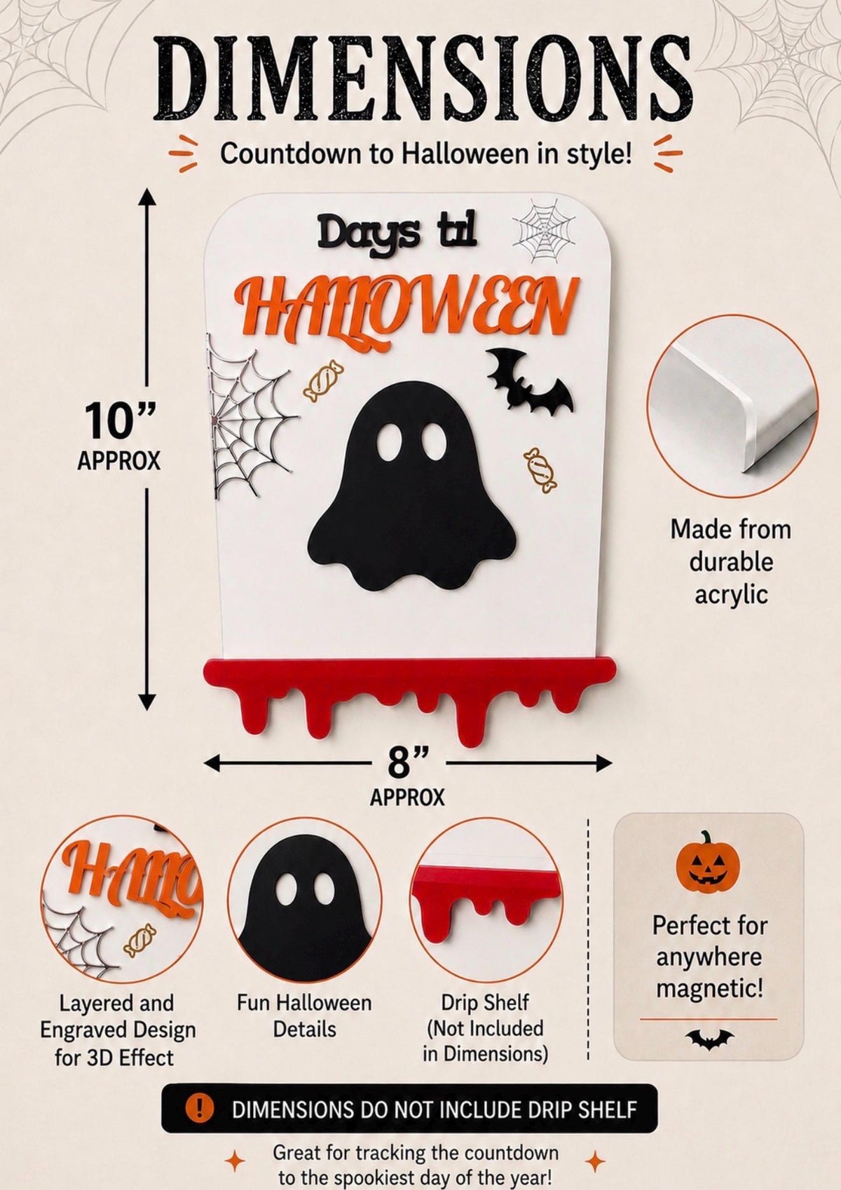 Halloween Countdown Stand Sign Ornament with Chalk Marker | Magnetic | Ghost Candy Spiderweb | Halloween Decor | Spooky Cute